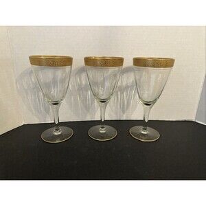 Tiffin-Franciscan RAMBLER ROSE Clear Water Goblet Gold Trim 6.5"x 3.25" Set of 3
